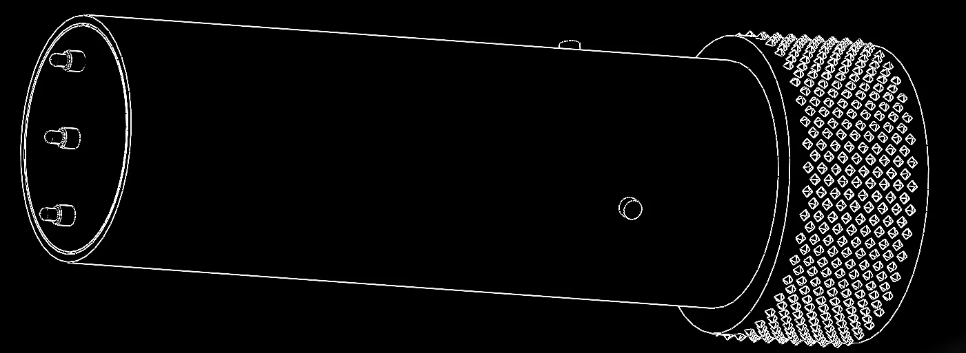 Line drawing of the LΔSΞR battery module with its contact pins and knurled end cap
