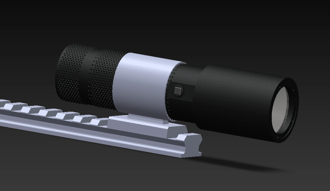 LΔSΞR clamped onto a Picatinny rail section
